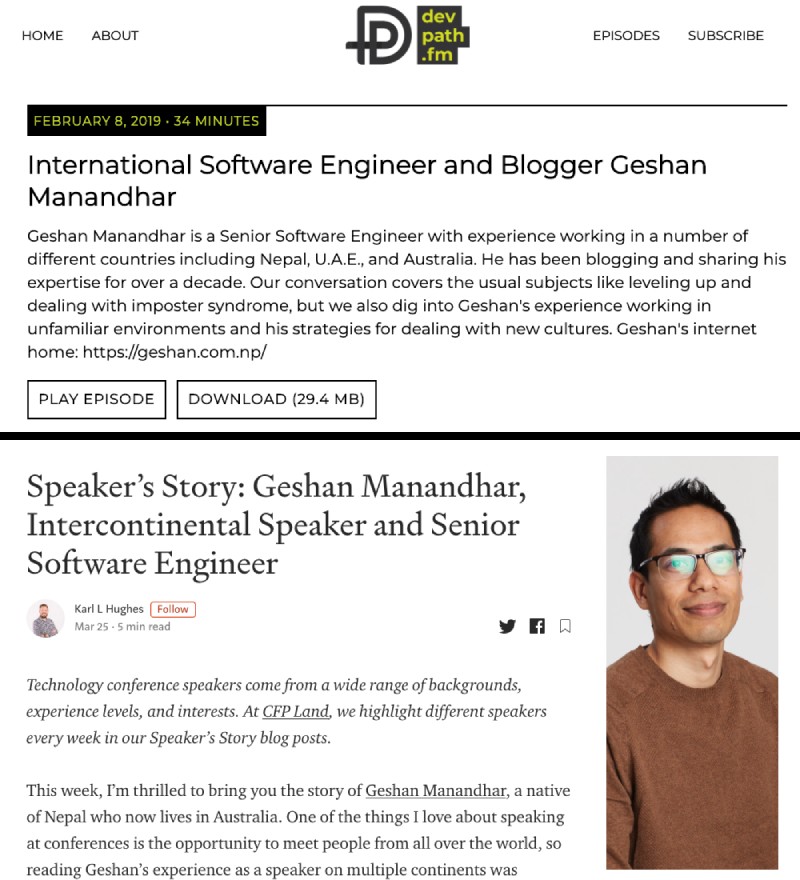 Featured in Devpath.fm podcast and CFP Land speaker stories Featured in Devpath.fm podcast and CFP Land speaker stories