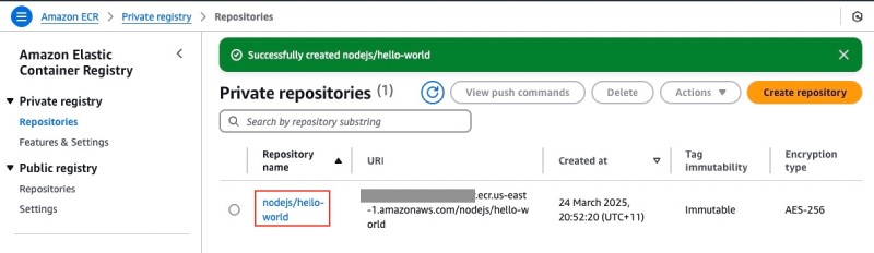 AWS Console UI showing the private Amazon ECR created