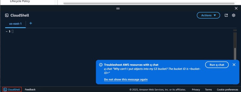 AWS Console UI showing AWS CloudShell without any command