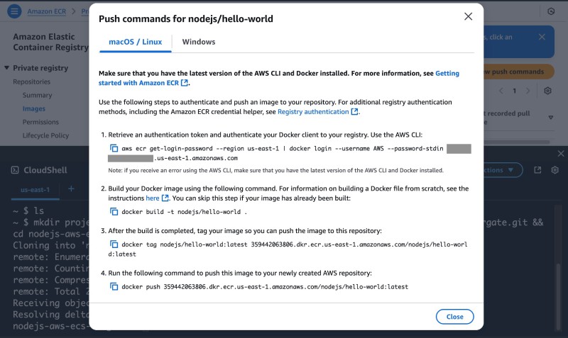 AWS Console UI showing  ECR login, docker build related commands
