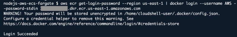 AWS Console UI showing AWS CloudShell with ECR login command output