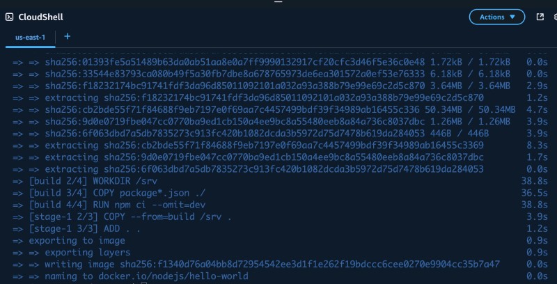 AWS Console UI showing AWS CloudShell with Docker build command output