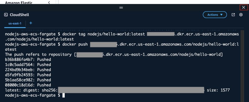 AWS Console UI showing AWS CloudShell with Docker tag and push command output