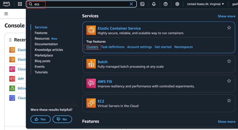 AWS console showing search for ecs to go to Elastic Container Service - Clusters AWS console showing search for ecs to go to Elastic Container Service - Clusters