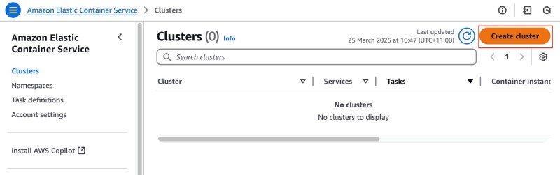 AWS console showing ECS Clusters empty page with Create Cluster button AWS console showing ECS Clusters empty page with Create Cluster button