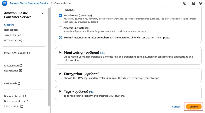 AWS console showing ECS create cluster form's end section with Create button AWS console showing ECS create cluster form's end section with Create button