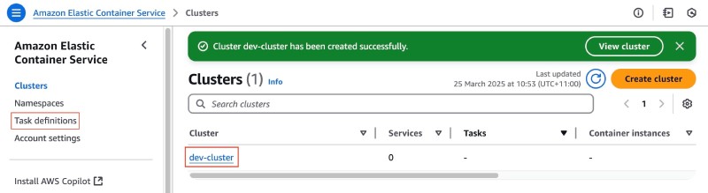 AWS console showing ECS cluster created called dev-cluster AWS console showing ECS cluster created called dev-cluster