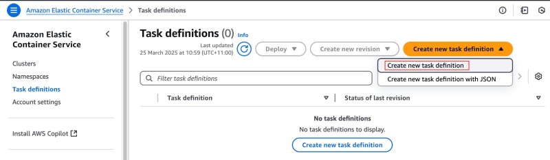 AWS console showing ECS Create new task definition link on the Task defintions page AWS console showing ECS Create new task definition link on the Task defintions page
