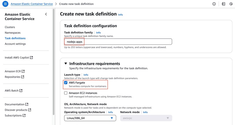AWS console showing ECS Create new task definition form with task definition family and infrastructure options AWS console showing ECS Create new task definition form with task definition family and infrastructure options