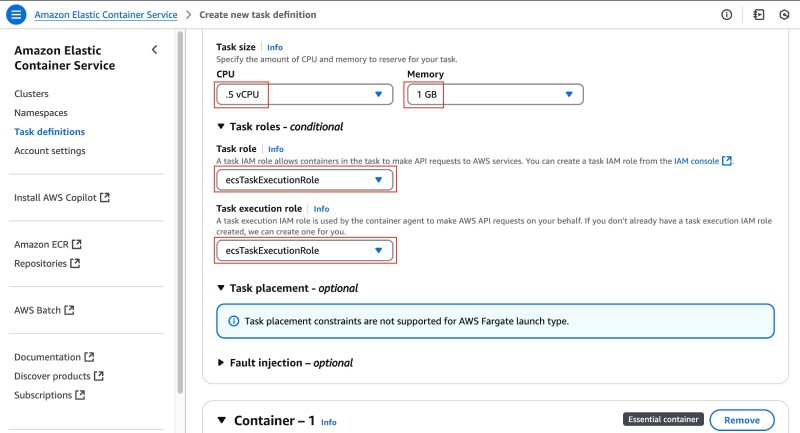AWS console showing ECS Create new task definition form with task resources and roles AWS console showing ECS Create new task definition form with task resources and roles