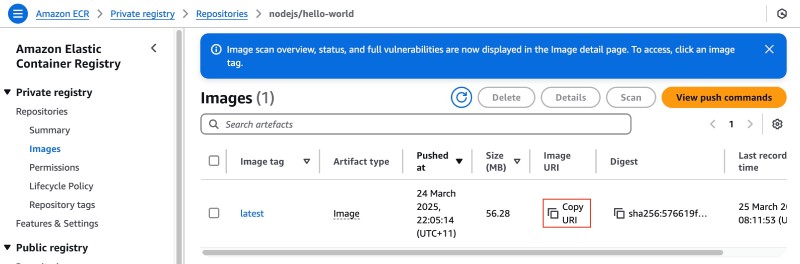 AWS console showing ECR image page to copy the image URI for the built and pushed image AWS console showing ECR image page to copy the image URI for the built and pushed image