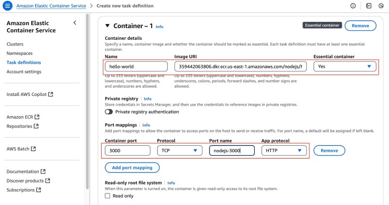 AWS console showing ECS Create new task definition form with task container settings like name, Image URI, port, protocol, etc AWS console showing ECS Create new task definition form with task container settings like name, Image URI, port, protocol, etc
