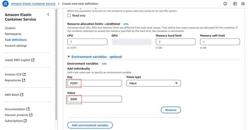 AWS console showing ECS Create new task definition form with task container settings adding PORT environment variable AWS console showing ECS Create new task definition form with task container settings adding PORT environment variable