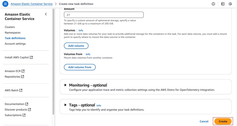AWS console showing ECS Create new task definition form submisstion with Create button AWS console showing ECS Create new task definition form submisstion with Create button