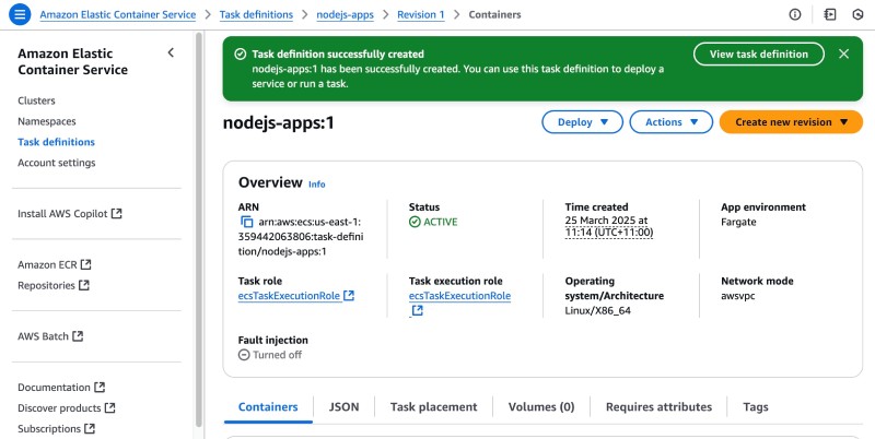 AWS console showing ECS task created AWS console showing ECS task created