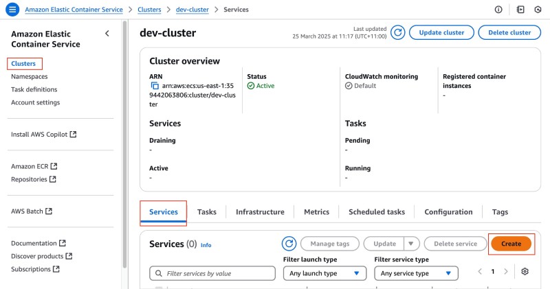 AWS console showing ECS service create link in the Cluster page, Services tab AWS console showing ECS service create link in the Cluster page, Services tab