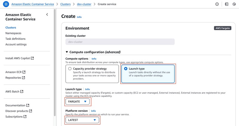 AWS console showing ECS service create form with compute configuration AWS console showing ECS service create form with compute configuration
