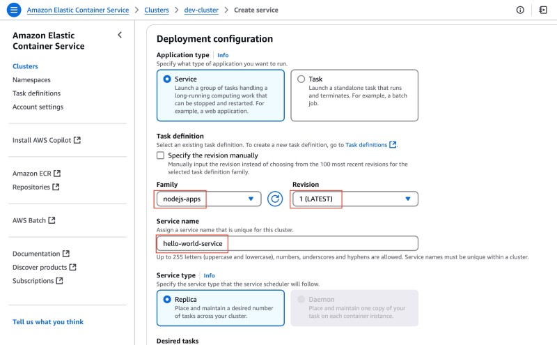 AWS console showing ECS service create form with deployment configuration AWS console showing ECS service create form with deployment configuration