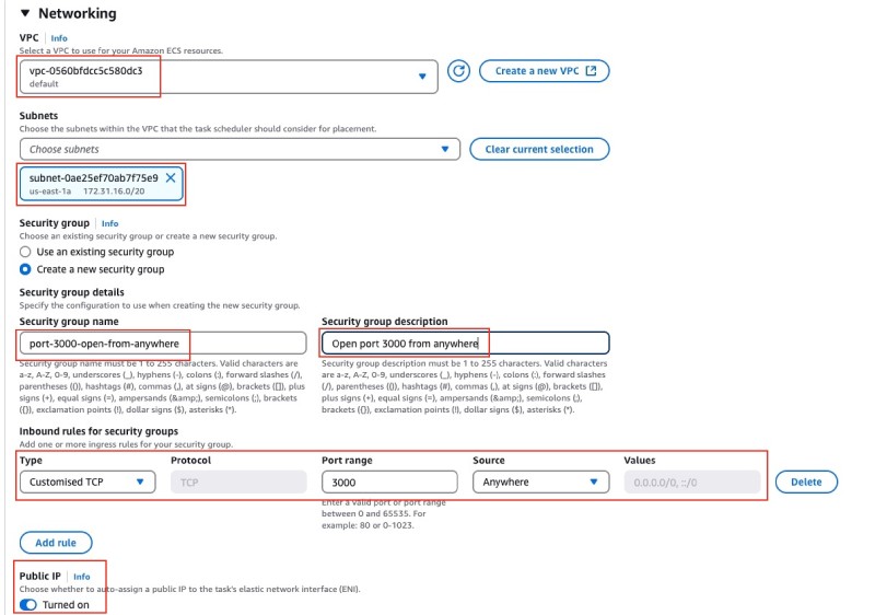 AWS console showing ECS service create form with networking and security group configuration AWS console showing ECS service create form with networking and security group configuration