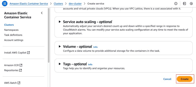 AWS console showing ECS service create form with the Create button at the end AWS console showing ECS service create form with the Create button at the end