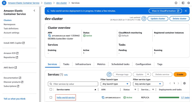 AWS console showing ECS service created and service showing up in the Services tab AWS console showing ECS service created and service showing up in the Services tab
