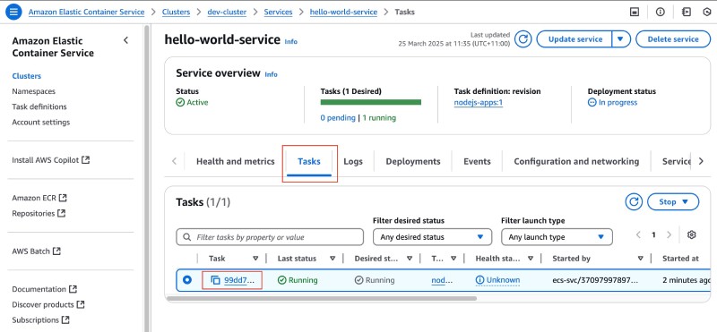 AWS console showing ECS service running and Tasks tab selected AWS console showing ECS service running and Tasks tab selected