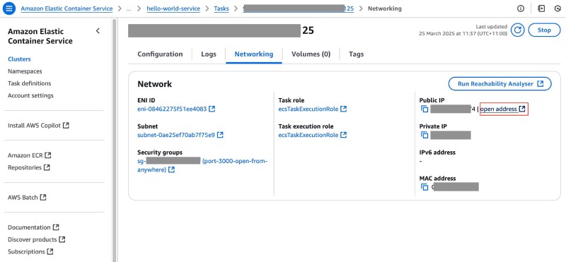 AWS console showing ECS service task and the networking tab with the Public IP AWS console showing ECS service task and the networking tab with the Public IP