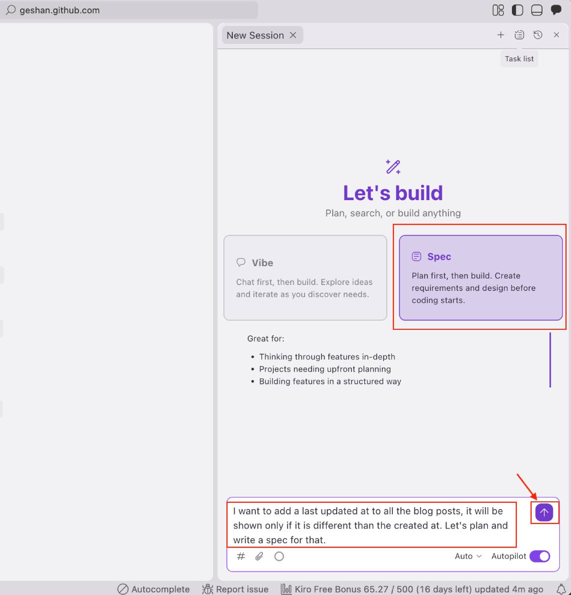 AWS Kiro with the intial prompt for the updated at feature for the Eleventy blog