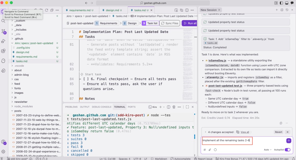 Asking AWS Kiro to implement remaining tasks 2-6