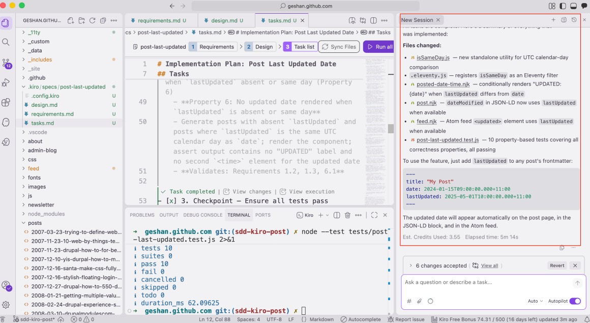 AWS Kiro finished all 6 tasks with tests passing -- so the feature is implemented