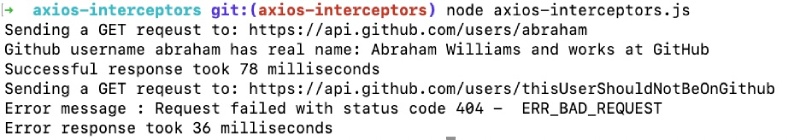 Output of Axios interceptors code example for logging request duration Output of Axios interceptors code example for logging request duration