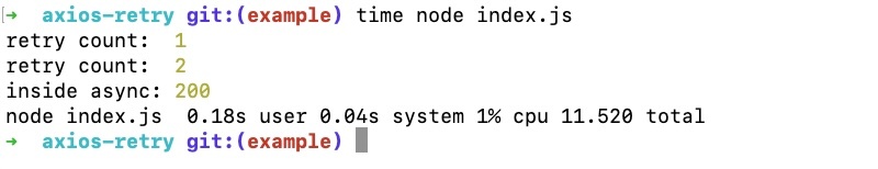 Axios retry script with 3 retries and exponetial backoff output Axios retry script with 3 retries and exponetial backoff output