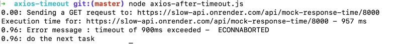 Output after Axios timeout - takes 0.96 seconds Output after Axios timeout - takes 0.96 seconds