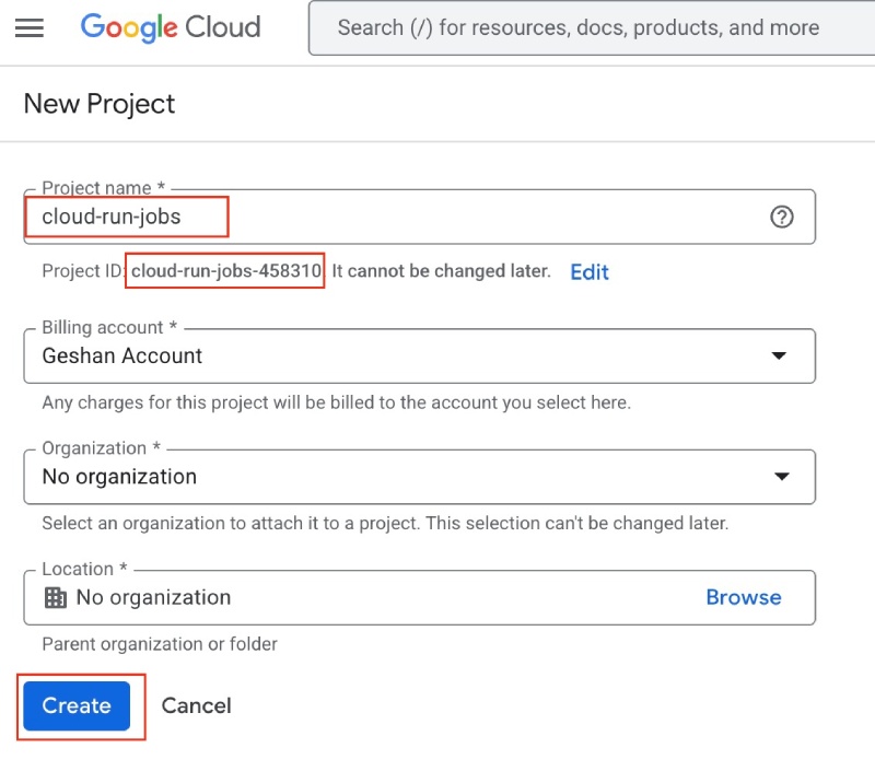 Create a GCP Project named cloud-run-jobs and copy the Project ID
