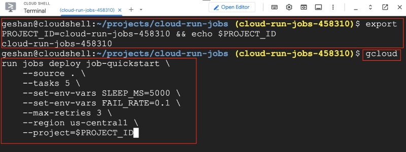 Deploy cloud run jobs with PROJECT ID as a variable using gcloud command