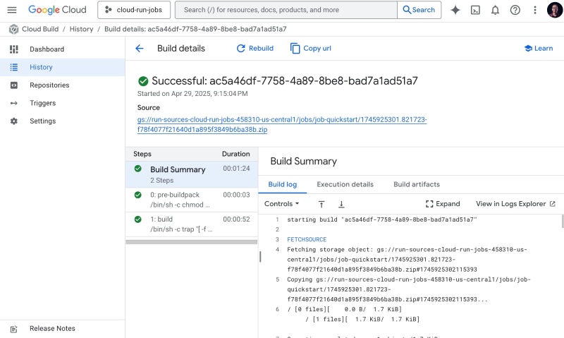 Deploying cloud run jobs using gcloud command - Google Cloud Build logs