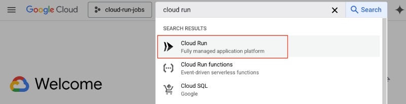 Search cloud run on Google Cloud Console search bar