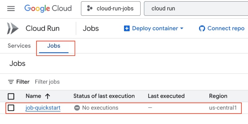 Cloud Run Jobs tab with recently created job