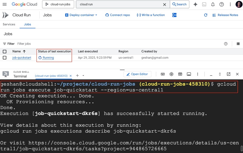 Cloud Run Jobs pending running after being triggered from Cloud Shell