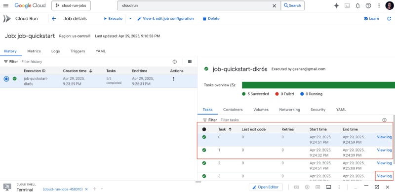 Cloud Run Jobs an successfully after being triggered from Cloud Shell