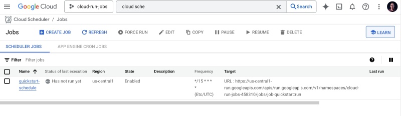 Cloud schdeuler page showing newly created schedule