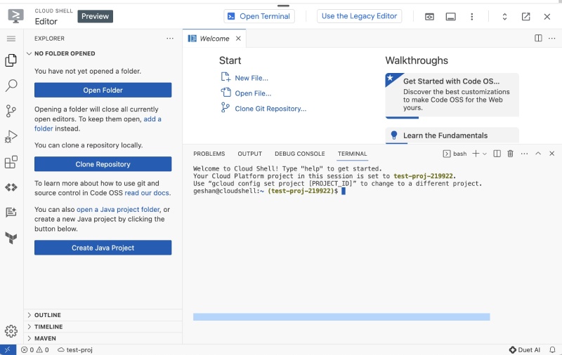 Access the terminal inside the Google Cloud Shell editor