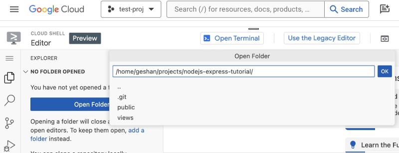 Open the project in the cloud shell editor