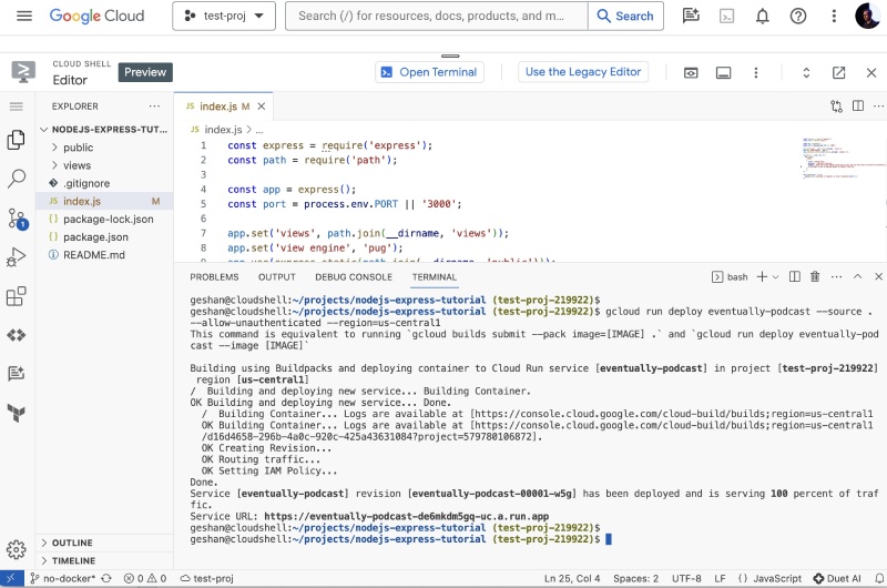 Code is deployed to Cloud Run and you get a working HTTPS URL to try out