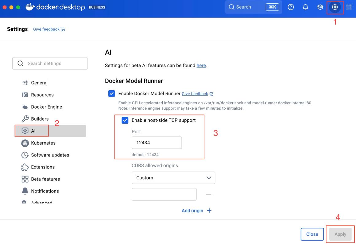 Docker Desktop AI modles settings for Docker Model Runner