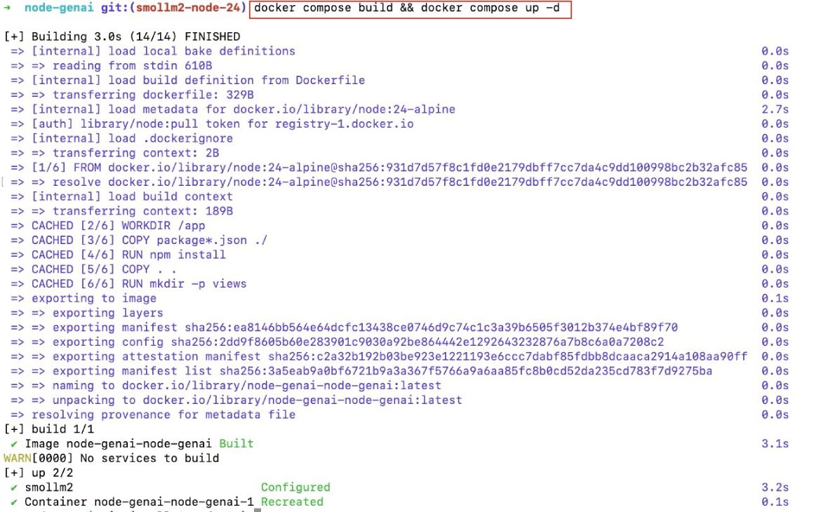 Docker Model runner and Docker compose to build and run a Node.js App with Smollm2 open model