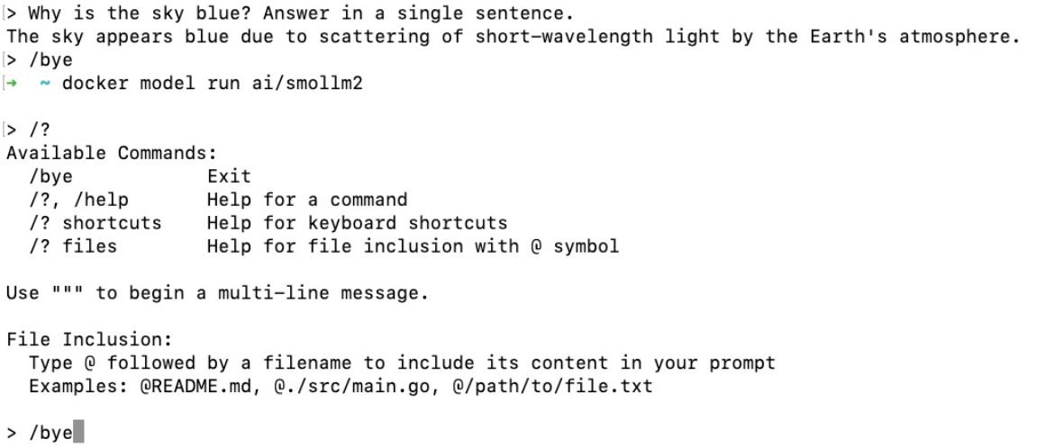 Exit the chat and other help options for a model running with Docker Model Runner