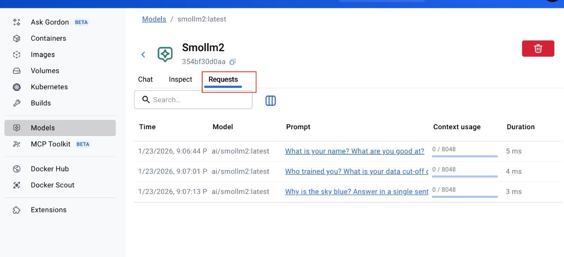 Listing ran prompts on Desktop Models section Requests tab
