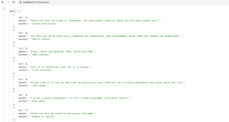 Quotes API working with Dockerized Node.js and PostgreSQL using docker-compose Quotes API working with Dockerized Node.js and PostgreSQL using docker-compose