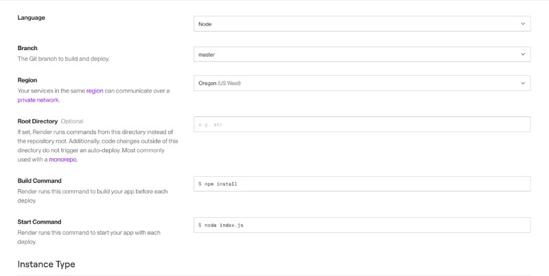 Configure build and start command for Render web service